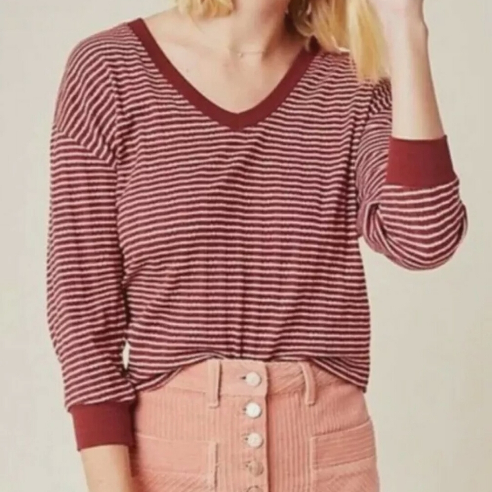 Anthropologie Pink Stripe V-neck Blouse Size Large